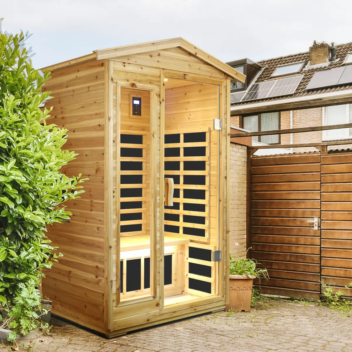2-Person Far Infrared Old Fir Outdoor Sauna Room with 1750W Power, Ambient Lighting, Touch Control