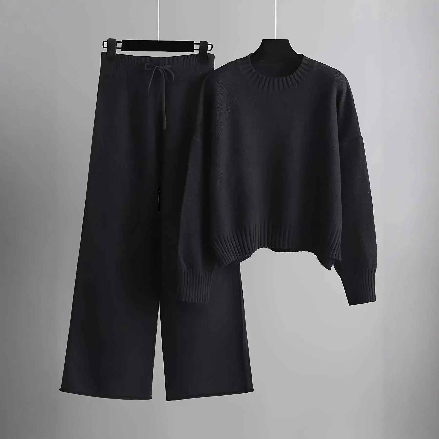 Women's Oversized Round Neck Sweater & Wide-Leg Pants Two-Piece Set , Drop Shoulder Long Sleeve Pullover with Ribbed Texture, Loose Fit Trousers for Fall Winter Warmth, Women 2 Piece Sweater Outfits