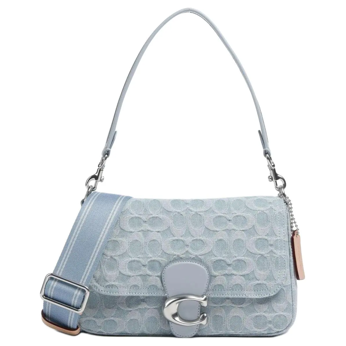 COACH Soft Tabby 26 Crossbody Bag for Women – Silver Logo Embossed Caramel Fabric Messenger Bag in Blue