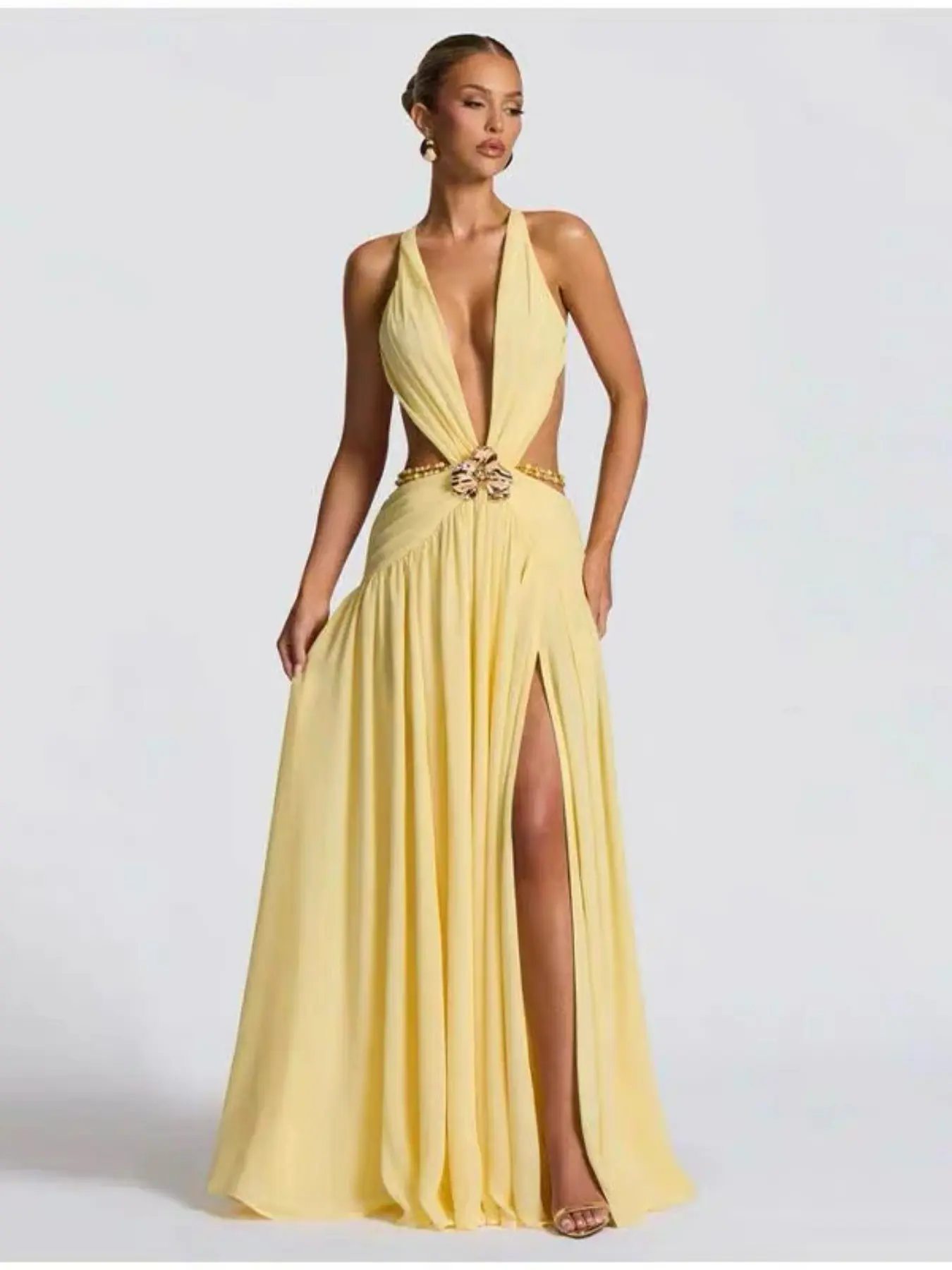 Women's Elegant Halter Deep V Cutout Maxi Dress with 3D Metal Ginkgo Ornament and Beaded Waist Chain, with Thin Crisscross Straps & Open Back Tie, Ruched High Slit, Ideal for Beach, Party and Evening Dinner