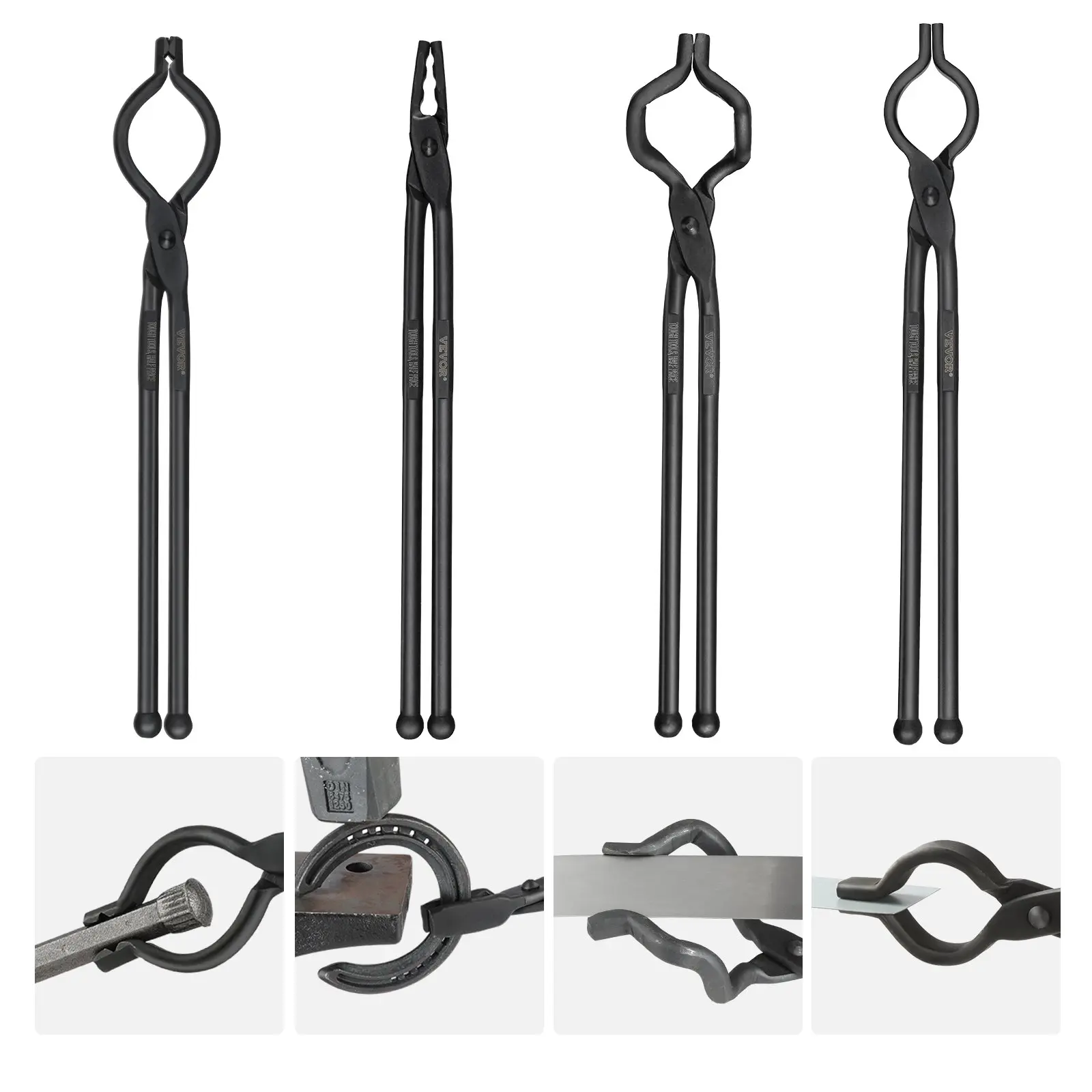 VEVOR Blacksmith Tongs, 18" 4 PCS, V-Bit Bolt Tongs, Wolf Jaw Tongs, Z V-Bit Tongs and Gripping Tongs, Carbon Steel Forge Tongs with A3 Steel Rivets, for Beginner and Seasoned Blacksmiths, Bladesmiths
