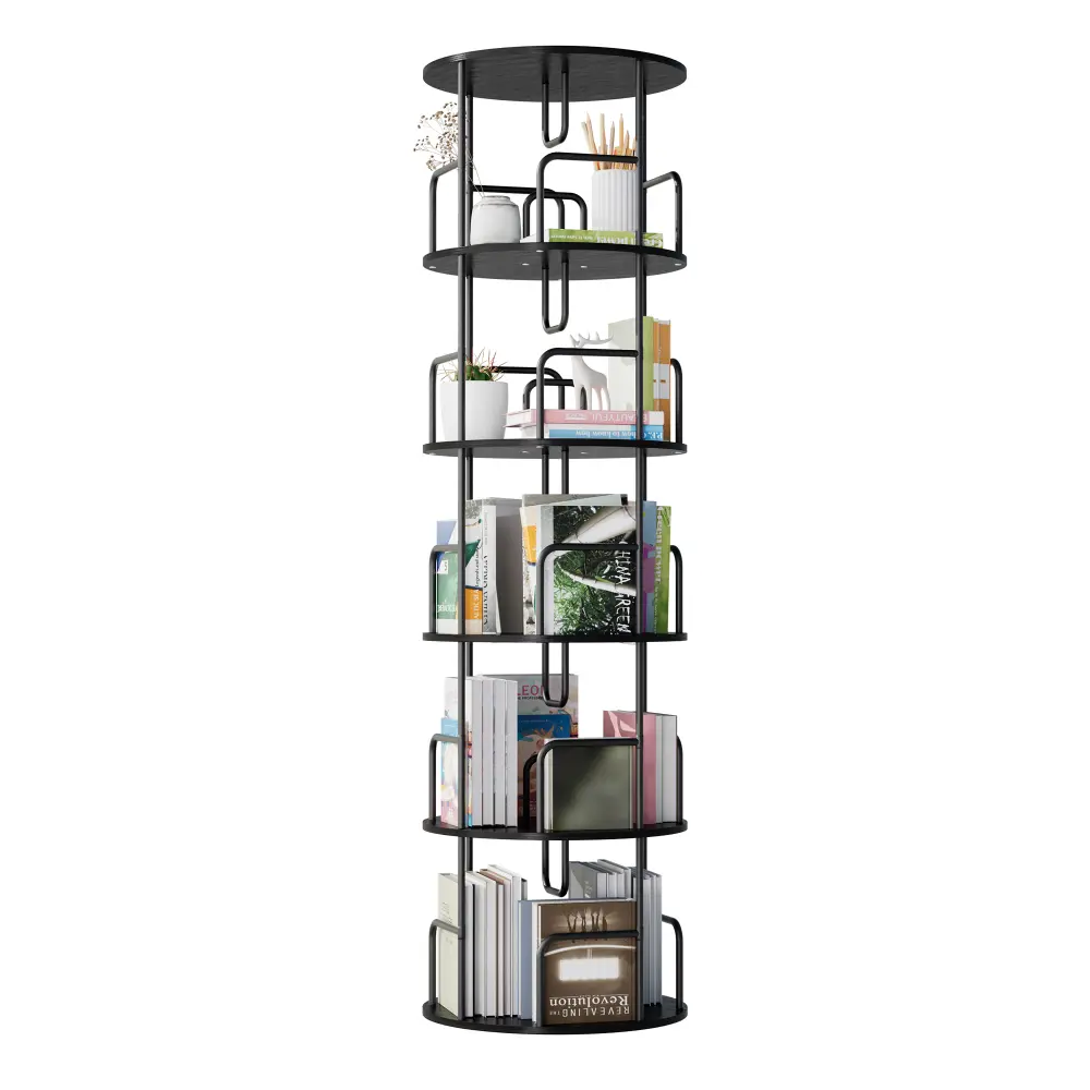 Littleox 5-Tier 360-Degree Rotating Bookshelf Tower, Narrow Tall Round Vertical Storage Organizer, Black Commercial/Office Furniture for Bedroom, Living Room Room Decor, Single Unit
