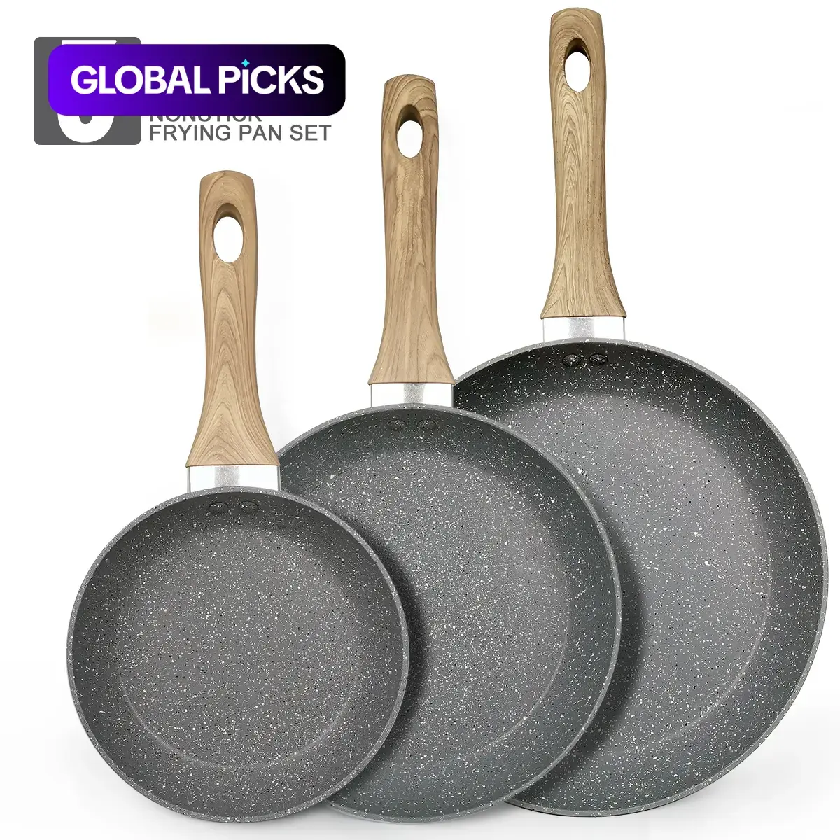 Non-stick Frying Pan Set, 3 Counts/set Aluminum Cookware Set Durable Cooking Pan with Wooden Handle, Kitchen Aluminium Cookware Nonstick Set for Home Dining Room Picnic, Cooking Pans Set #GLOBAL PICKS