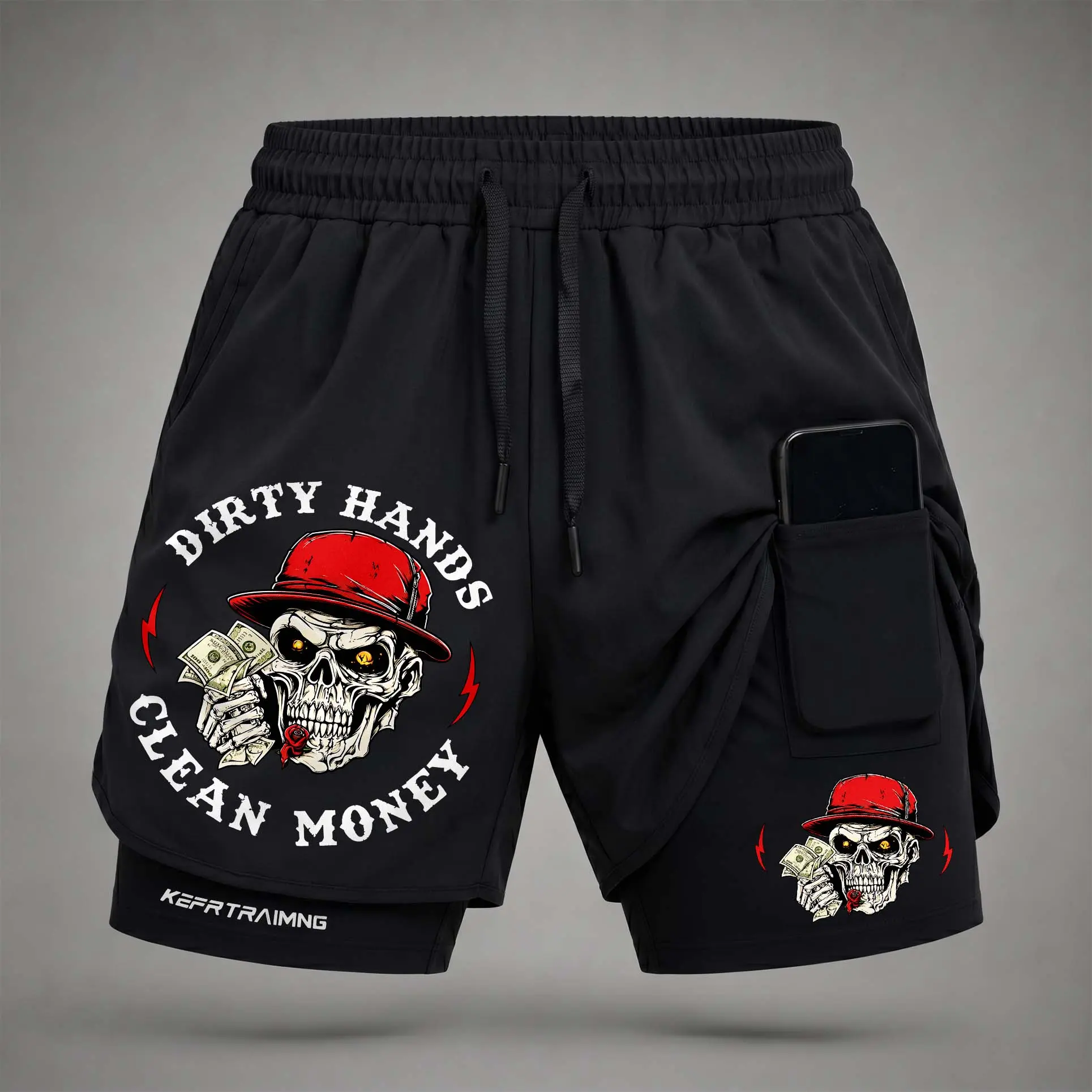 Men’s Dirty Hands Clean Money Skull” Graphic Print 2-in-1 Athletic Shorts, Built-in Compression Liner, Secure Inner Phone Pocket, Elastic Drawstring Waist, Quick-Dry Gym Running Training Shorts for Summer Daily Wear