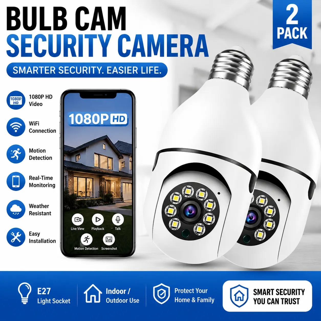 Bulb Cam Security Camera Light, HD 1080P Smart WiFi Home Surveillance Camera, Motion Detection & Real-Time Monitoring, Easy Install E27 Light Socket Security Bulb Camera for Indoor/Outdoor Use, Weather-Resistant Home Protection, 2-Pack