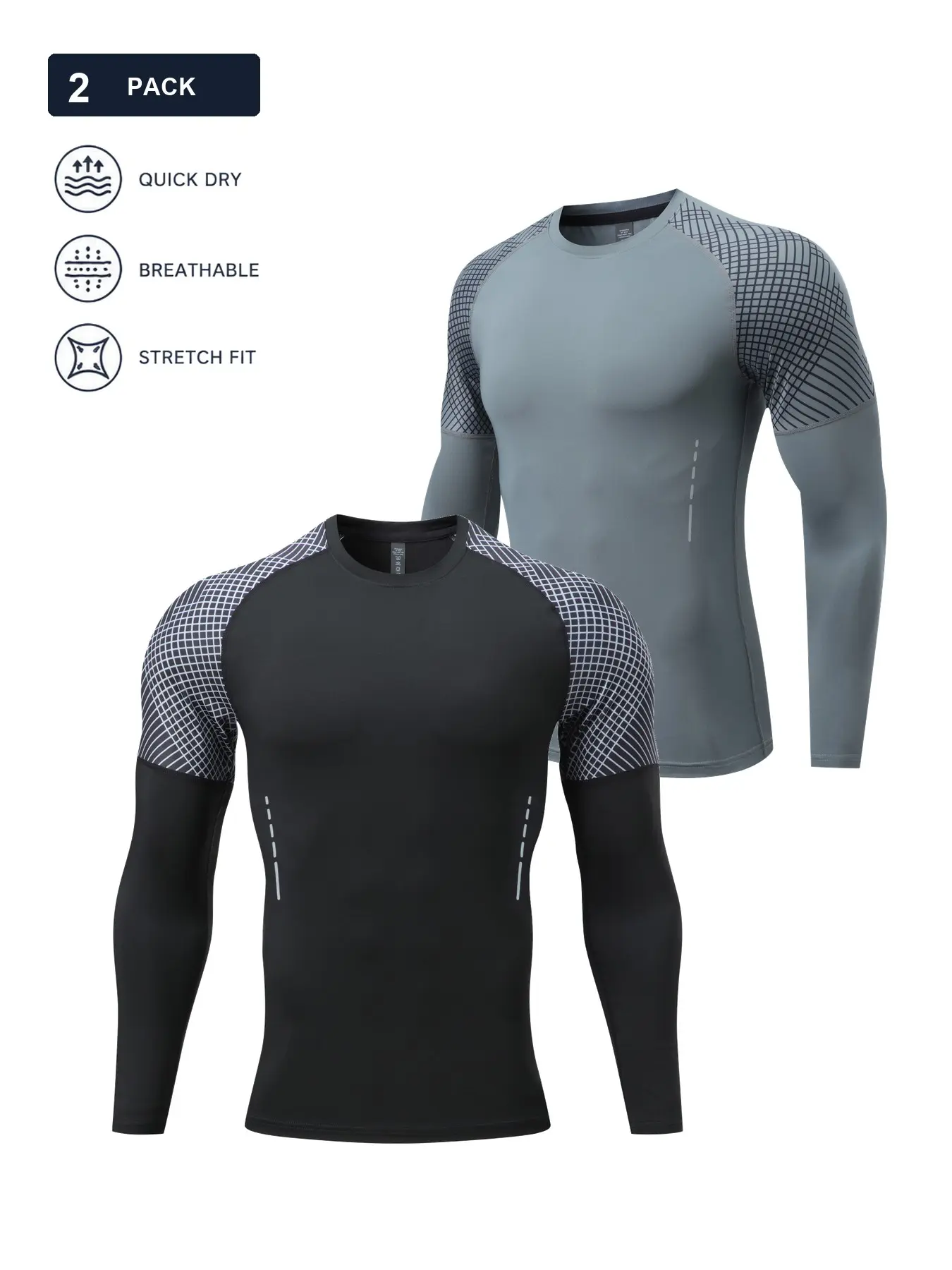 2-Pack Men’s Long Sleeve Compression Shirts, Black and Dark Gray Quick-Dry Breathable Stretch Athletic Base Layer Tops with Grid-Print Raglan Sleeves for Gym, Running, Football and Training