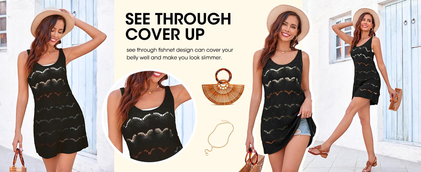 Saodimallsu Womens Sexy Crochet Cover Up Swimwear Mesh Dress See Through Fishnet Beach Swimsuit Top