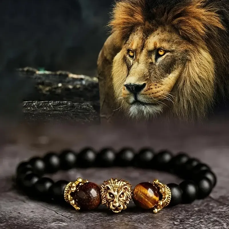 Vintage Men Beaded Bracelet Made Of Matte Black And Tiger Eye Stone Beads, Designed With Lion Head And Crown Alloy Charms In Antique Gold Or Antique Silver Finish, Fashion Decorative Wrist Jewelry For Daily Outfit Matching And Gift Giving