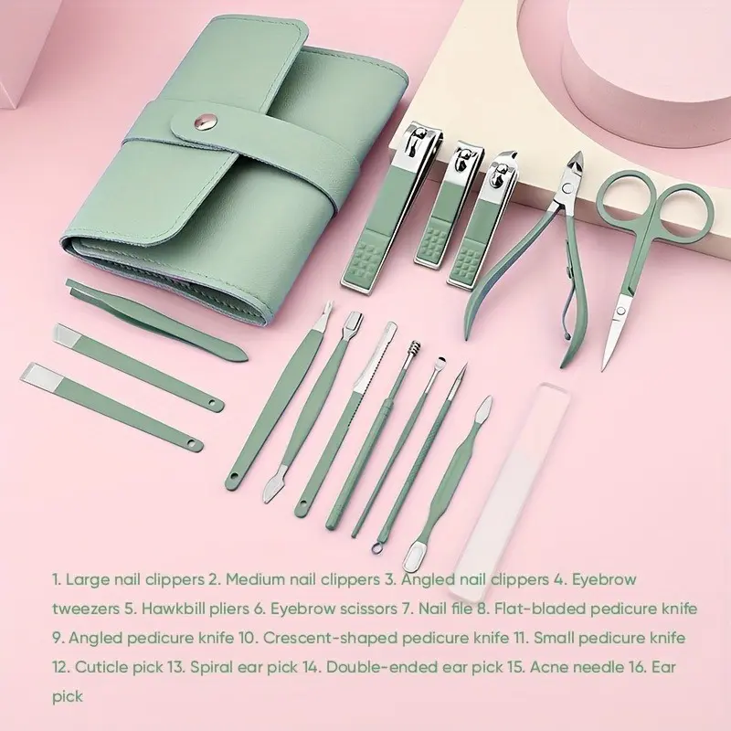 16-Piece Matcha Portable Manicure Kit, Nail Clippers, Eyebrow Trimmer, Pore Needle, Ear Spoon, Dead Skin Remover, Home Beauty Tools