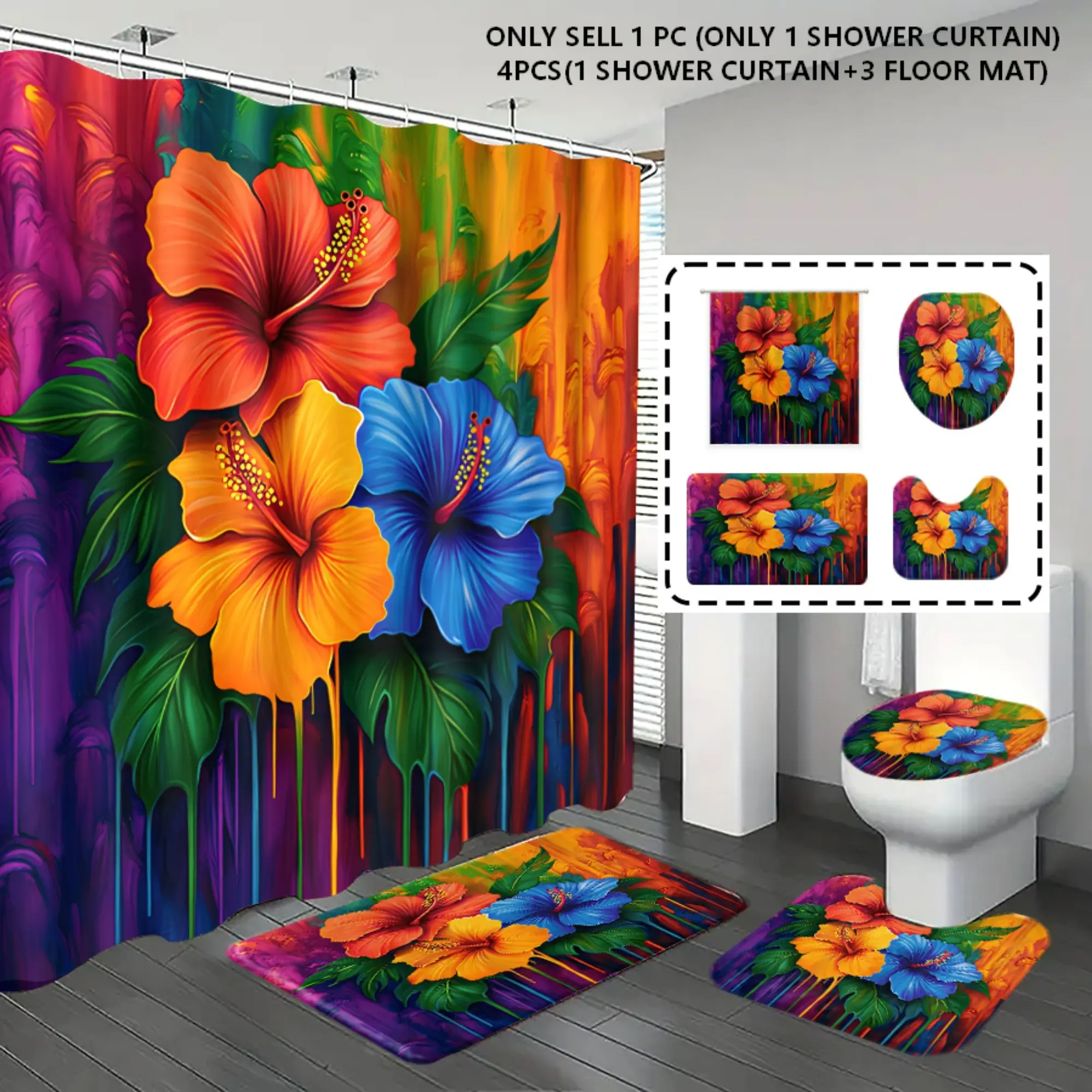 [Popular Choice] 1pc/4pcs, bathroom curtains shower, bathroom set, shower curtain set, Flower Shower Curtain, Tropical Shower Curtain, bathroom decor, bathroom rug, bathroom mat, colorful floral pattern, bohemian theme decoration, with 12 hooks.