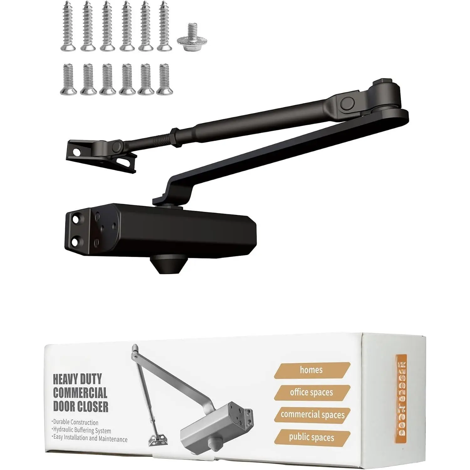 Heavy Duty Commercial Door Closer - Hydraulic Buffer, Durable, Positioning Feature,  Alloy Material (Black Large)