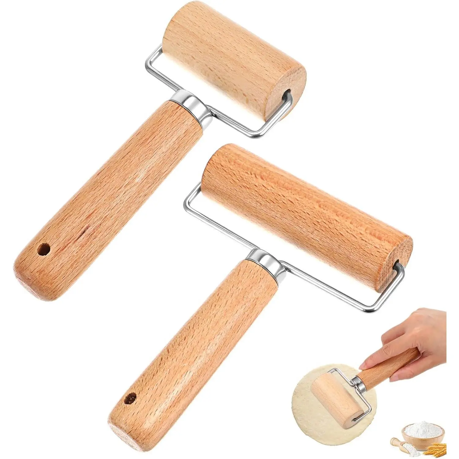 2 Pcs Wooden Baking Rolling Pins T-shape Non-Stick Pizza Dough Roller Set for Tortilla Cookie Dumpling Home Kitchen Baking Cooking