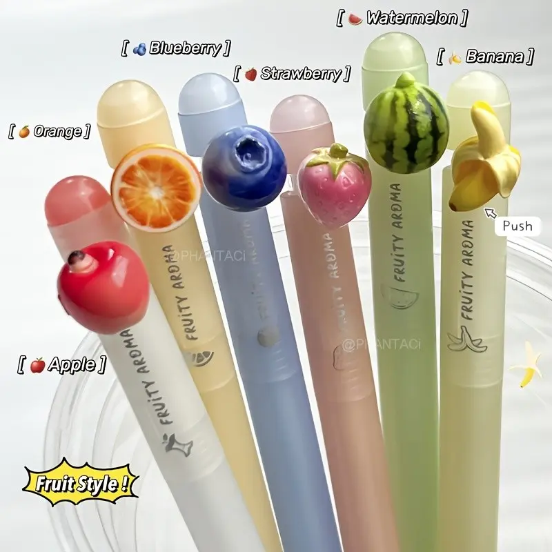 6pcs Fruit Style Neutral Pens, 0.5mm Ink, Creative Apple Strawberry Blueberry Watermelon Banana Design, Scented Writing Pens, Office Supplies