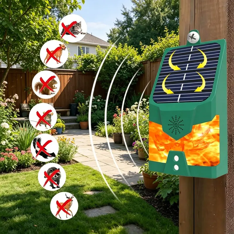 Solar Powered Ultrasonic Cat Dog Repeller with Simulated Flame Light, Waterproof Animal Repellent Outdoor for Orchards Greenhouses Gardens, Deer and Rabbit Repellent