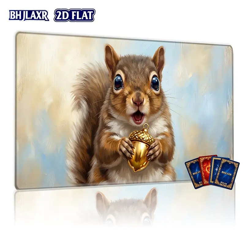 1Pc 2D Flat 14x24inch TCG Battle Mat Aesthetic Squirrel Holding Gold Acorn Pattern Play Mat, HD Digital Printing, Non-Slip Rubber Base, Stitched Edges, Compatible with TCG/CCG Card Games, Cute Gaming Desk Mat For Card Battle Table Desktop Decor