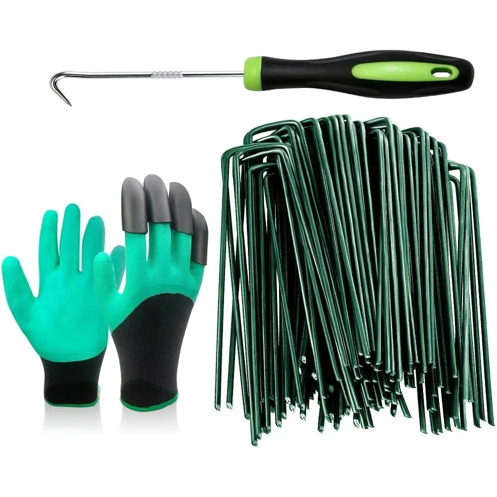 50Pcs Green Landscape Staples 6 Inch Garden Artificial Turf Stakes Staples, 11 Gauge Lawn Galvanized Ground Fabric Pins for Weed Barrier Sod Decorations Holding Fence and Irrigation Tubing