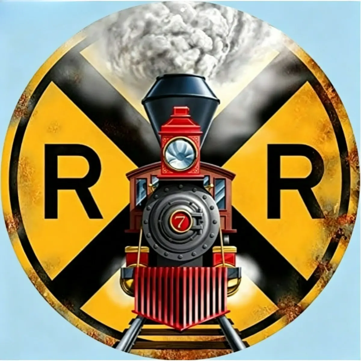 Classic Train Crossing Metal Wall Sign, Vintage Round Railway Plaque Featuring Retro Locomotive Artwork, Decorative Accent for Garage, Room, Cafe, Bar and Train Lovers Gift (12 x 12 Inch)