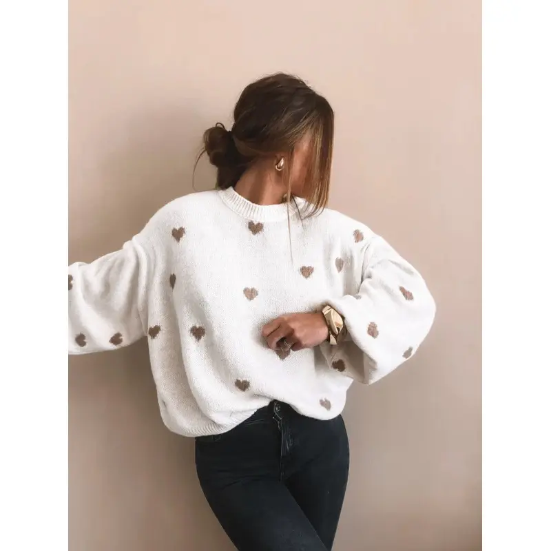 Women’s Oversized Heart Knit Sweater - Sweaters for Women with Oversized Cut, Round Neck, Long Sleeves, Cute Heart Print, Soft Cozy Casual Pullover for Fall Winter, Valentine’s Day Wear