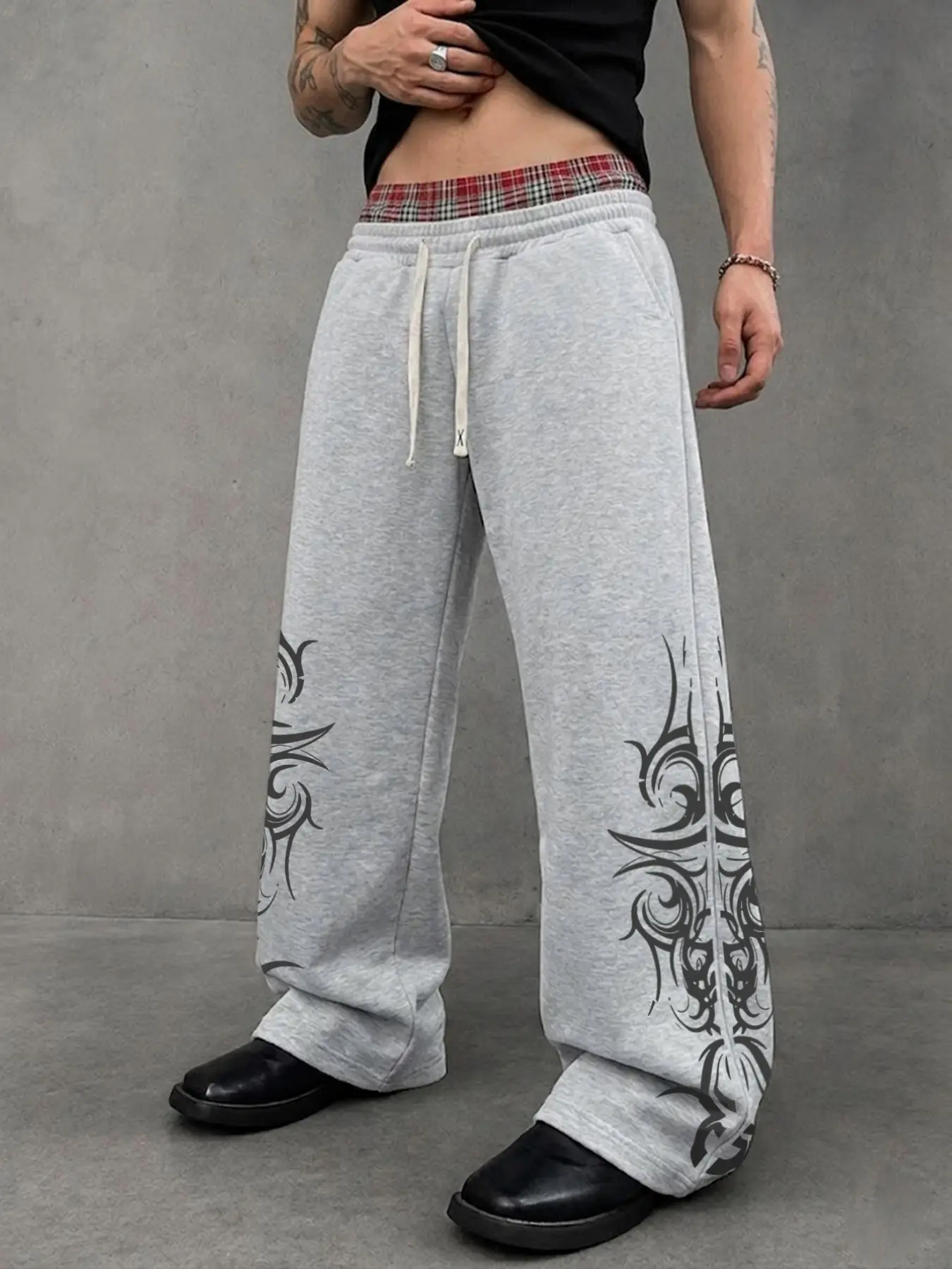 Men's Baggy Sweatpants Retro Hip Hop Aesthetic Patchwork Plaid Drawstring Waist Gothic Print Wide Leg Track Pants for Men Streetwear