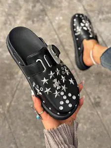 Women's Western Star Studded Thick Soled Mules, Chunky Slip-On Open Back Platform Clogs, Punk Style Leather Slide Sandals for Streetwear