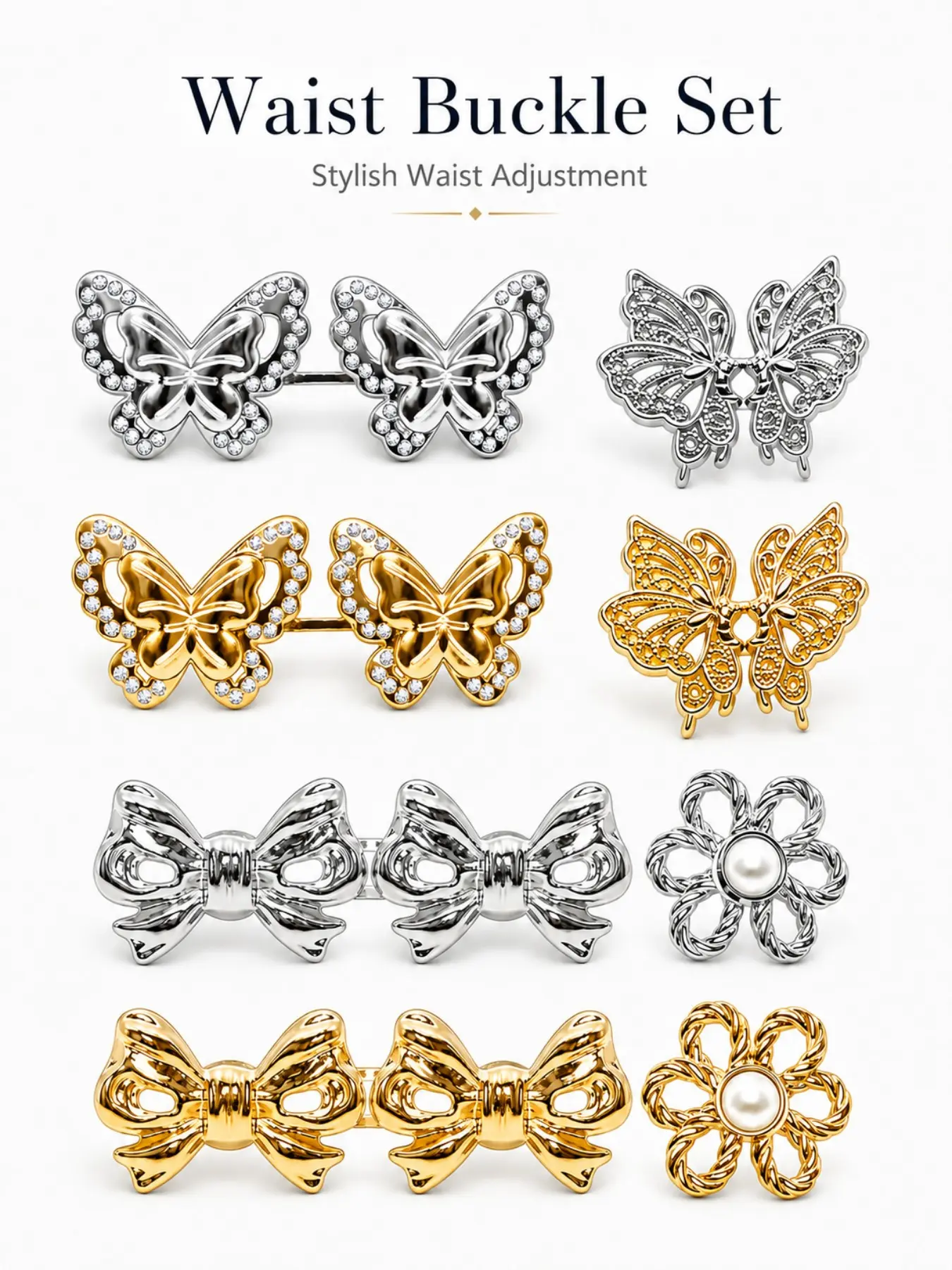 8pc Jeans Waist Tightener Buckle,  Butterfly Flower Bow Decor Detachable Metal Waist Adjuster, Elegant No Sew Waist Cinch Clips For Women Loose Pants Jeans, Reusable Clothing Waist Size Reducer