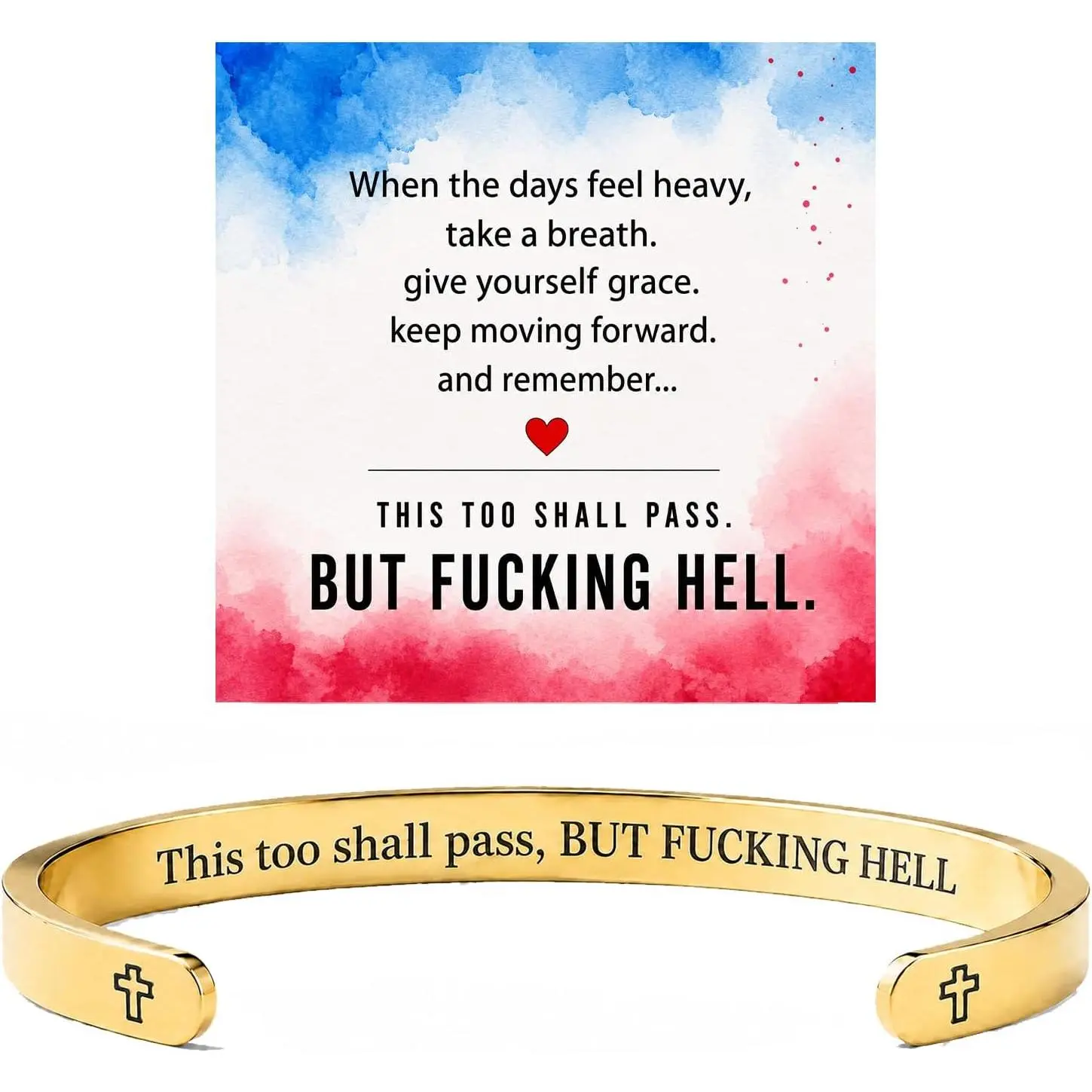 This Too  Pass Mantra Cuff Bracelet For Women Man, BUT FUkING HELL Funny Inspirational  Message Enamel Bangle Engarved Encouragement  Gifts for Birthday Christmas