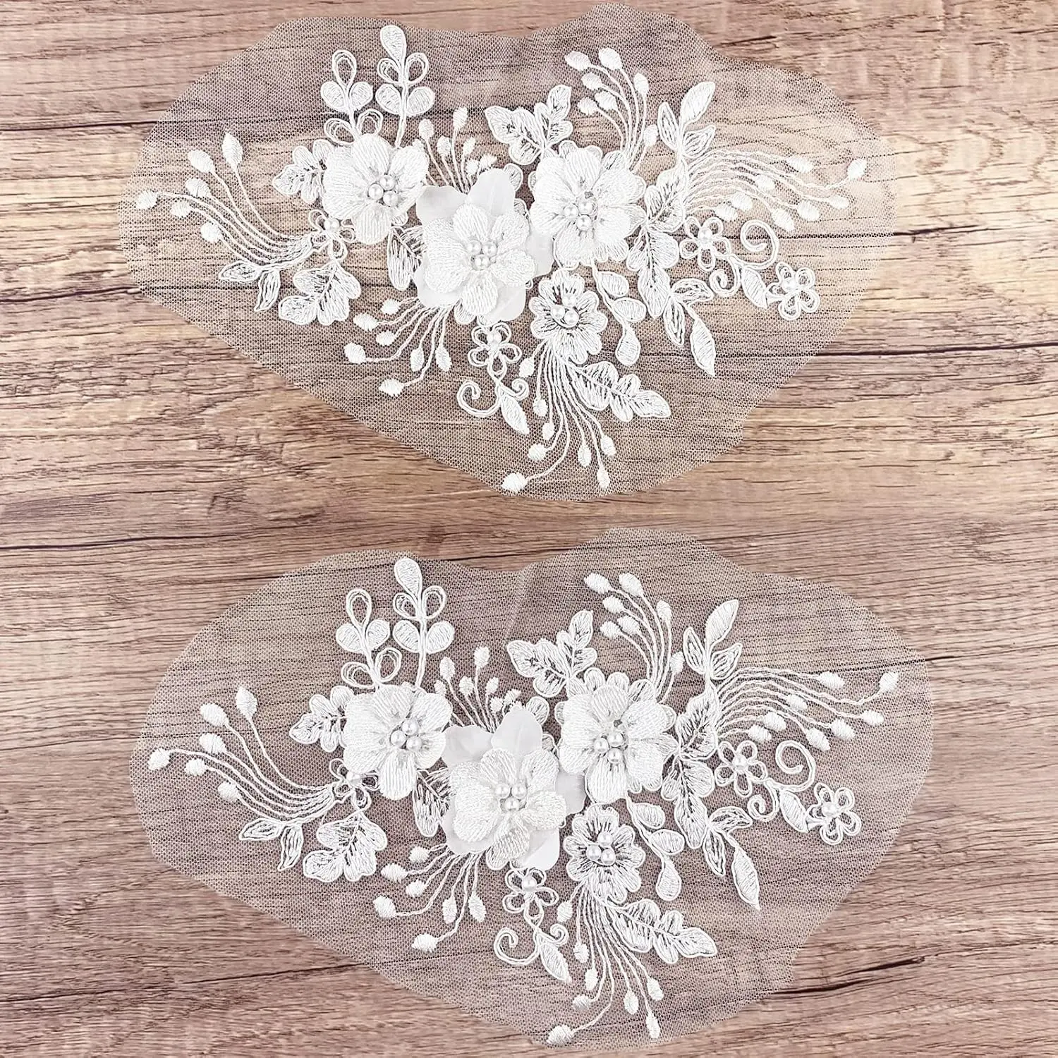 2Pcs Pearl Flower Embroidery Lace Patches 3D White Floral Embroidered Sew on Appliques for Wedding Dress Gown Headpiece Clothing Accessories Home Decoration Craft DIY