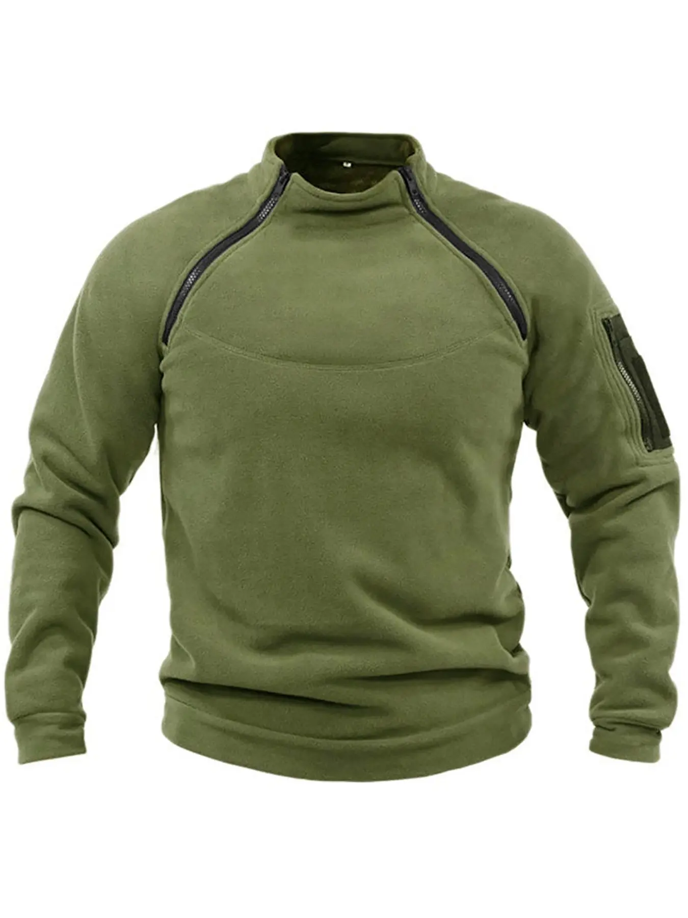 Men's Outdoor Warm Fleece Tactical Shirt, Dual Zipper Stand Collar, Arm Storage Pockets, Durable Windproof Hiking Camping Pullover, Outdoor Sports Top