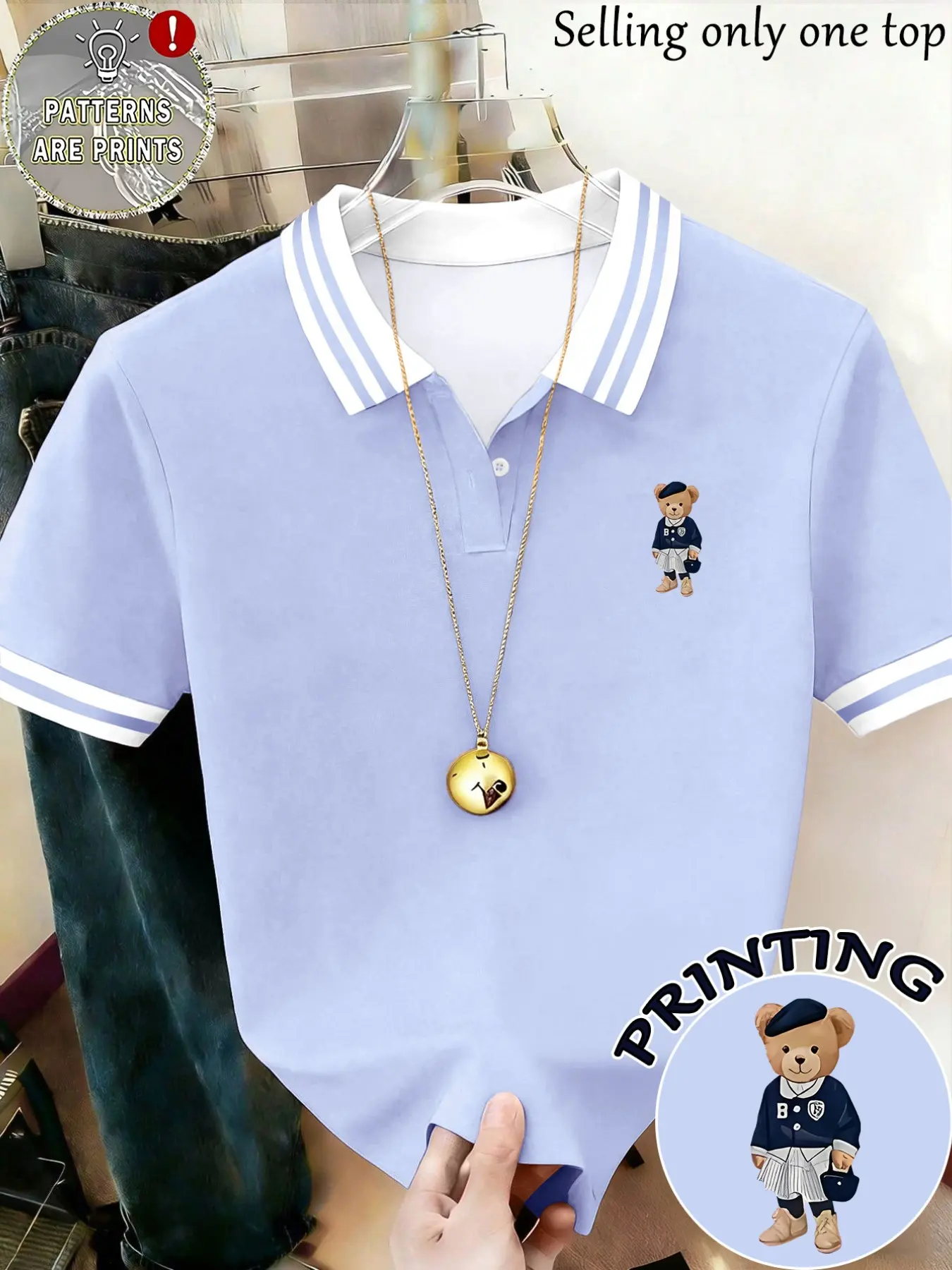 Spring Summer Sweet Girl Polo Short Sleeve, College Style Collar, Bear Print, Loose Fit, Casual T-Shirt for Women, All Seasons