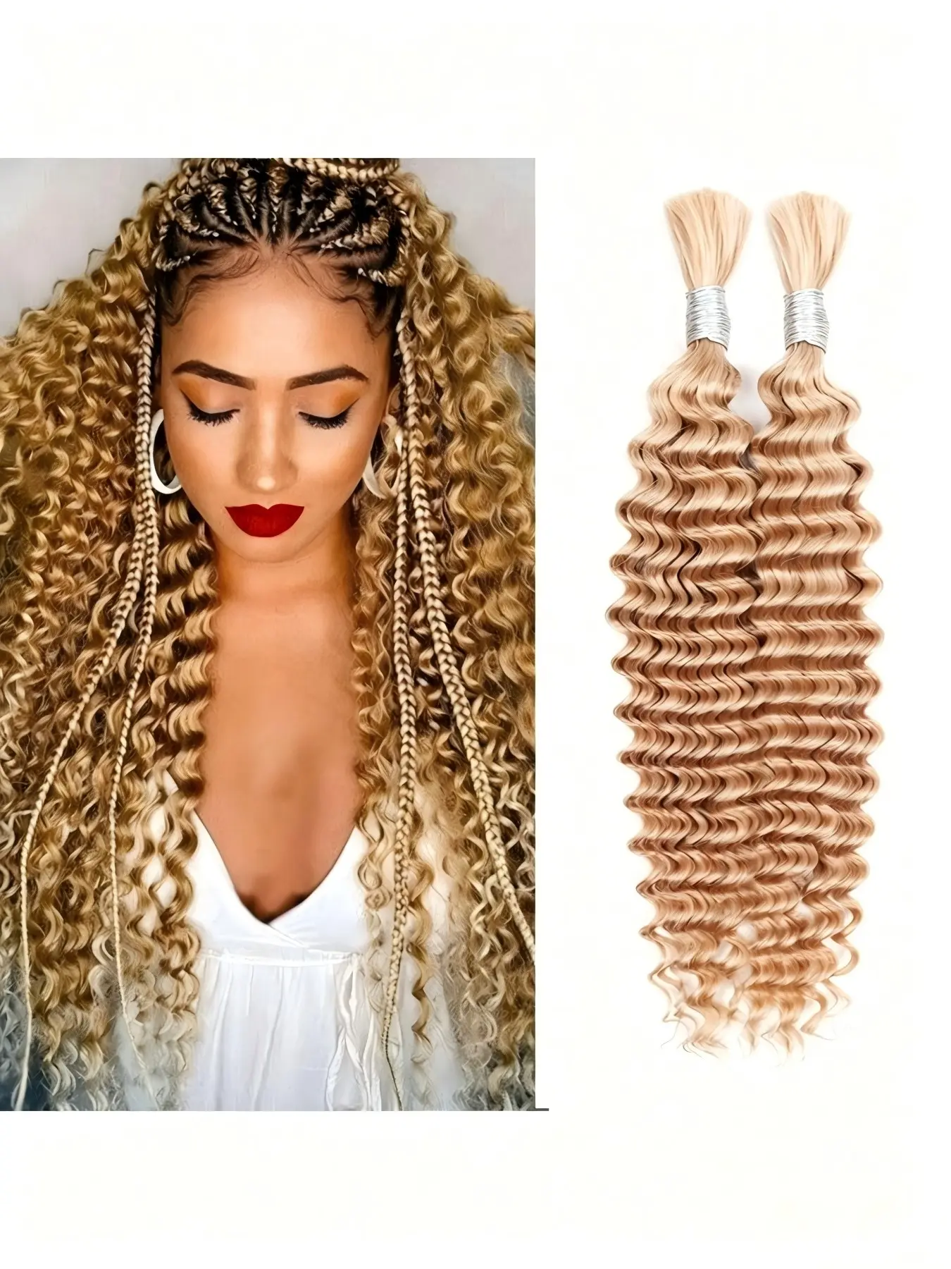 Honey Blonde 27#  Human Braiding Hair for Boho Braids Human 1-3Pack 100g-300g 14-28 Inch Curly Boho Hair for Braiding Knotless  Deep Wave Bulk Bohemian 2 Bundles/Pack