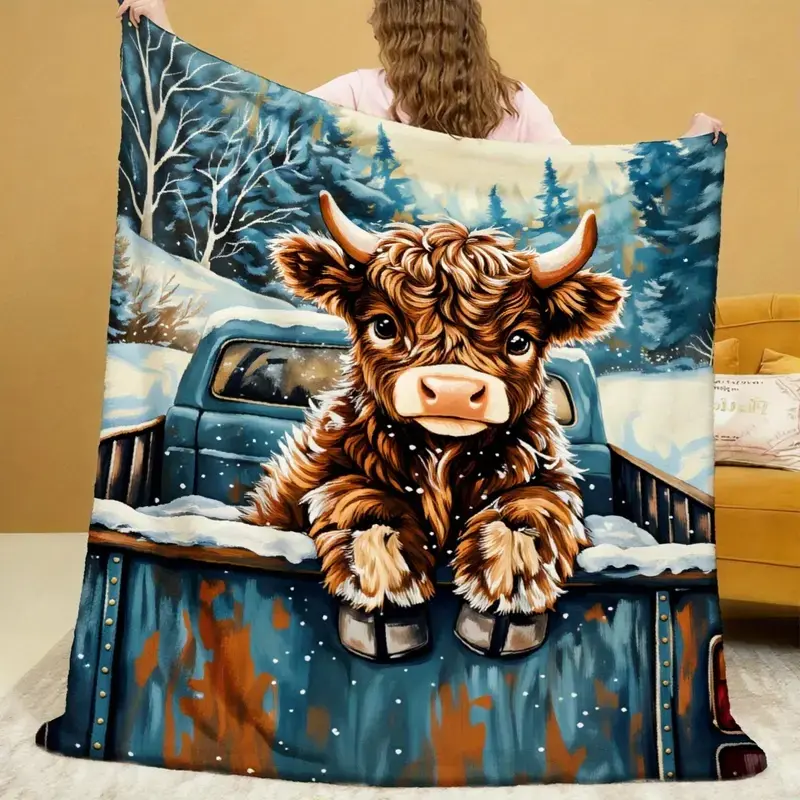 Cawest Printed Couch Throw Blanket - Artful Cow Print in Vintage Blue Truck, Winter Snowy Forest Design, Soft Touch Durable Decorative Home Textile Leisure Blanket