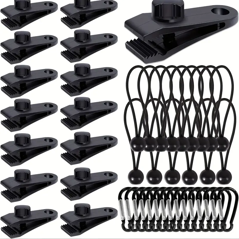 18-piece set of heavy-duty ABS tent clips, shark tooth anti-slip buckles, windproof fixing clips, waterproof tarp camping supports, black outdoor camping accessory
