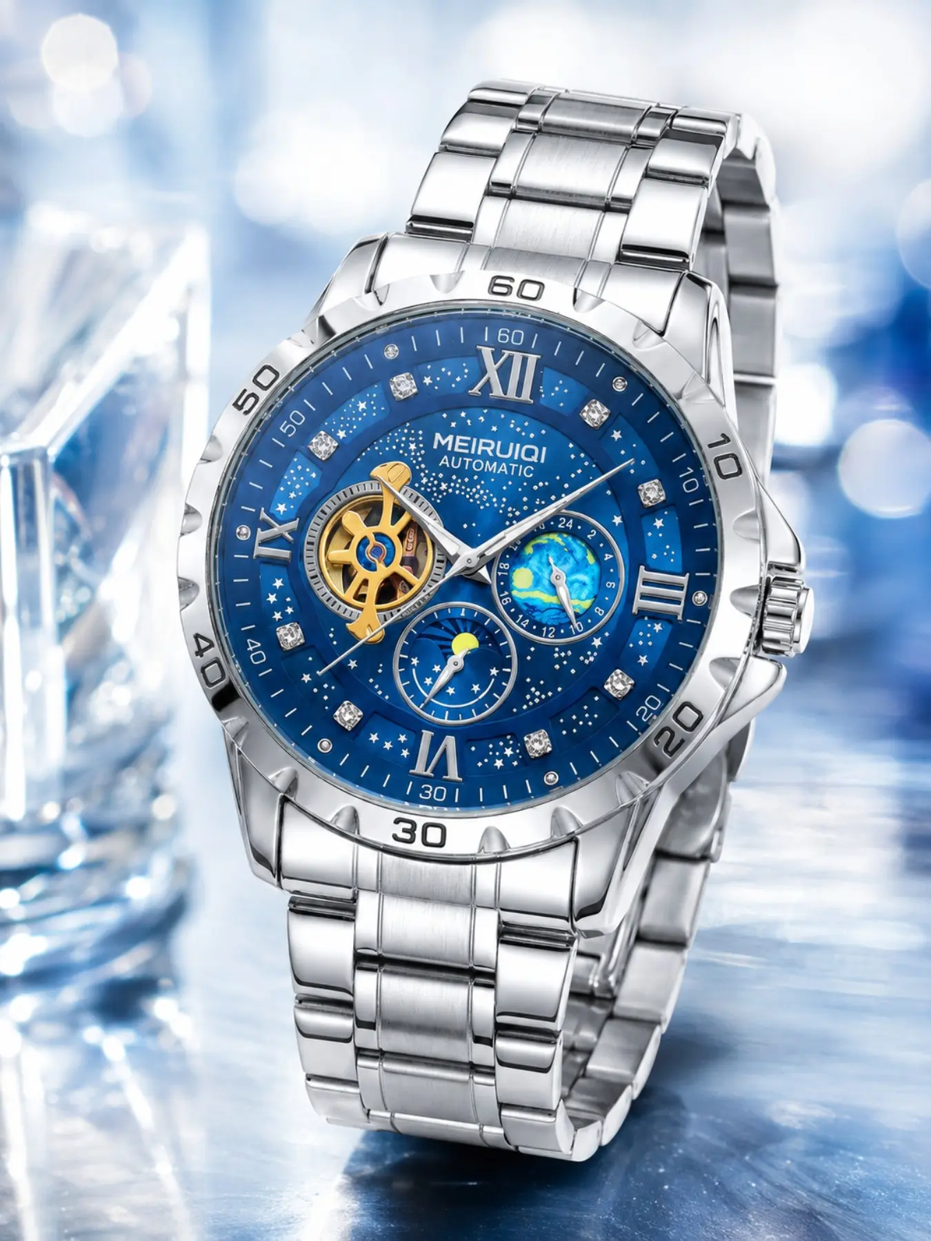 Men's Quartz Watch, Silver Color Alloy Strap, Deep Space Blue Dial, Three-Hand Multifunctional, Fashionable Business Watch, Gift Idea