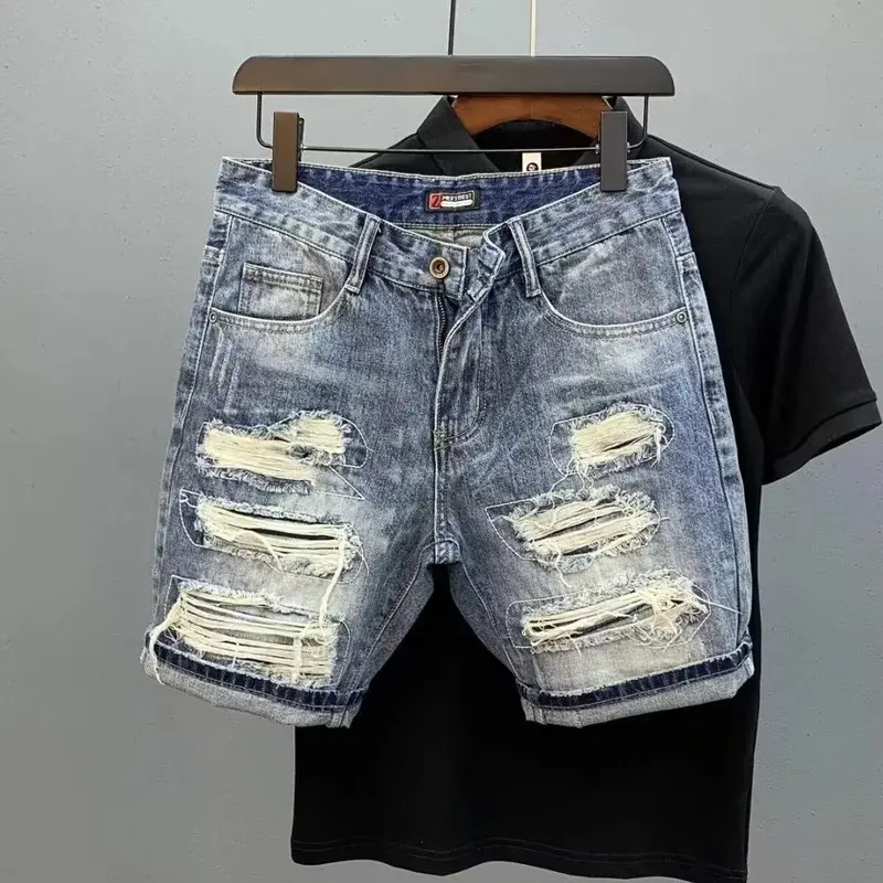 Summer Men's Brand Side Denim Shorts Scraped Torn 5 Points Men Loose Elastic Waist Jeans Pants