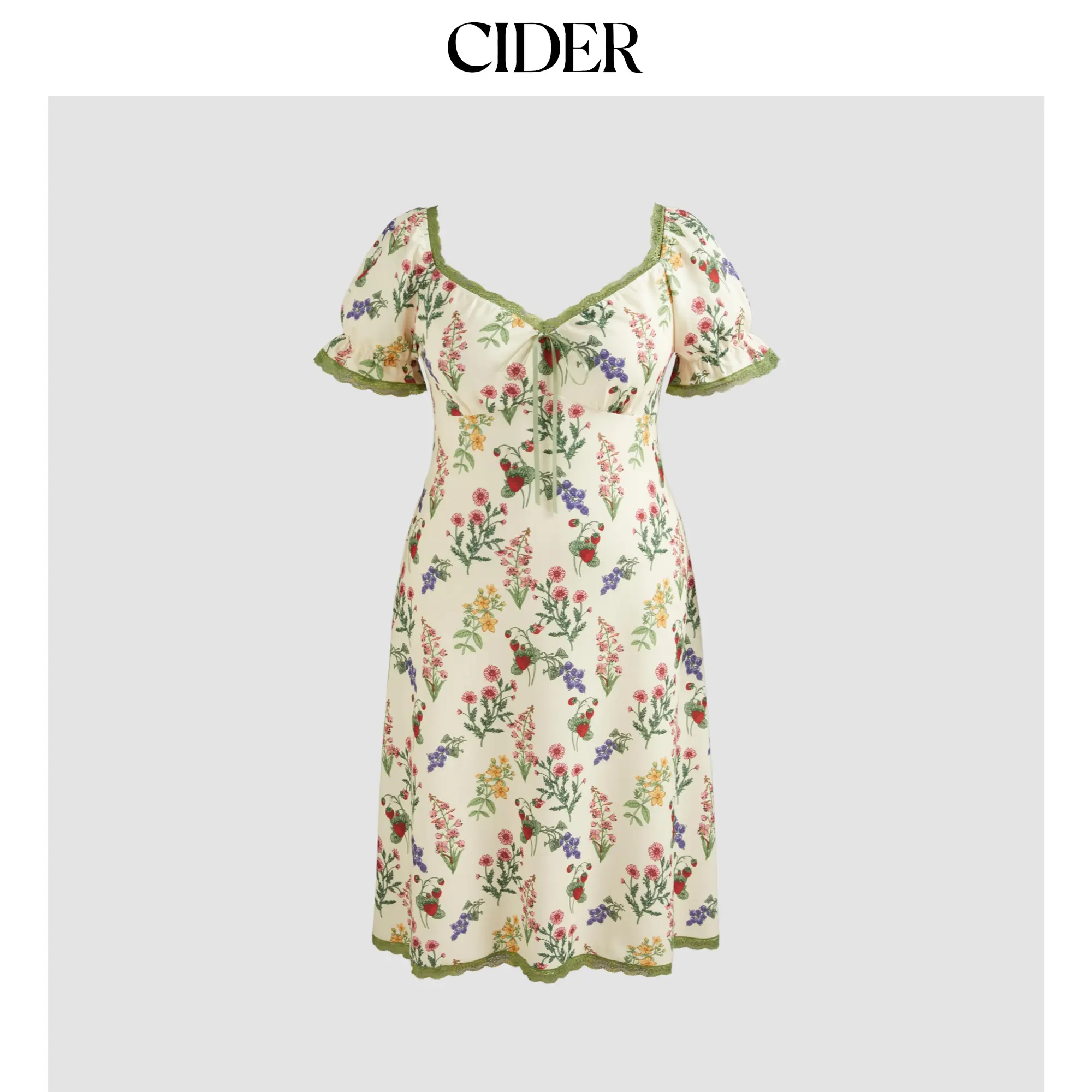 Cider [7 colors, size 0-26] Square Neck Strawberry Graphic Contrasting Lace Trim Midi Dress Curve & Plus SummerFinds