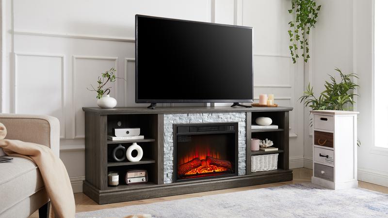 Large Fireplace TV Stand Storage Rack with Faux Stacked Stone Surround, Modern Media Console Table with Large Storage Cabinet and 23" Fireplace Insert, 70.12"W*15.35"D*25.83"H