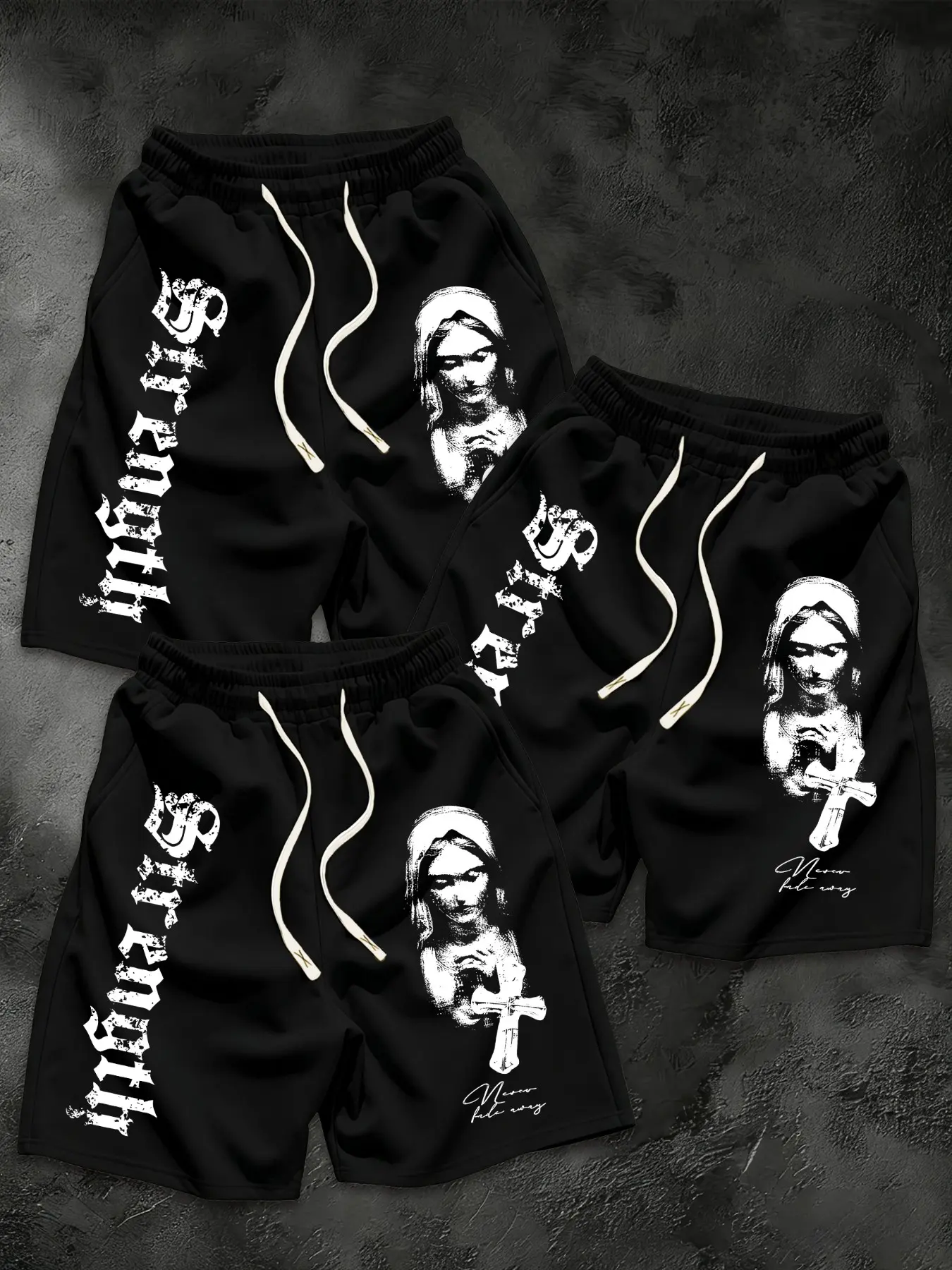 3 Pack Men Elastic Drawstring Knee Length Sweat Shorts Gothic Strength Vertical Letter Virgin Mary Cross Side Front Graphic Print Loose Fit Dark Faith Streetwear Shorts For Summer Casual Leisure Outfit#VirginMaryCrossPrintShorts#gothfits #trendingshorts