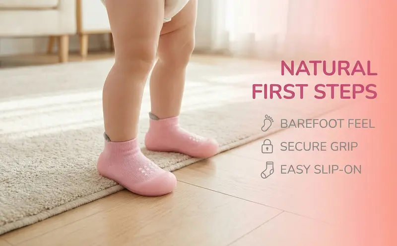 Baby Sock Cotton Shoes for 6-24 Months Prewalker Toddler Boys Girls - Non-Slip Infant Slippers, Soft Rubber Sole, Memory Foam, Breathable, Lightweight, Sweat-Wicking, Reinforced Toe Baby Items (Pink, Black, Gray, Brown)