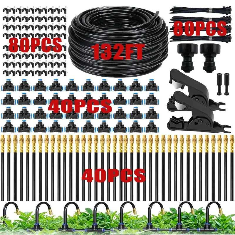 132ft 2026-Upgrade Outdoor Drip Irrigation Set, Garden Watering Kit with Adjustable Nozzles, Sprinkling Hose System, 360° Rotatable Nozzles & T-Connectors for Gardens, Lawns, Hydroponics