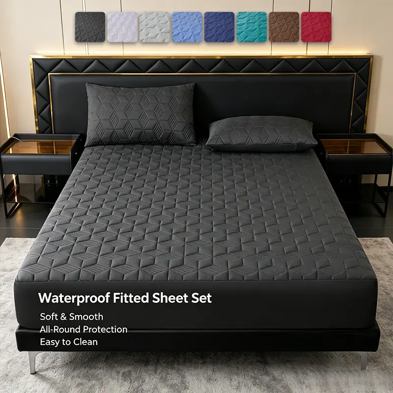 Home-friendly Geometric Quilted Waterproof Fitted Sheet Bedding Set, Decorative Bed Cover & Pillowcases, Upgrade Autumn-Winter Bedroom & Student Dorm, Bedsheet Set