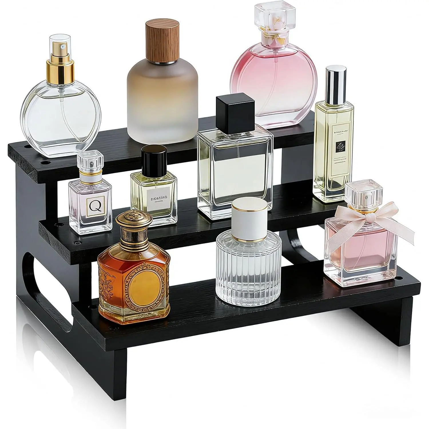 Wooden Cologne Organizer for Men, 3-Tier Solid Wood Perfume Display Stand with Carry Handles, Tiered Countertop Organizer for Cologne, Fragrance, Skincare, Candles & Spices, Black