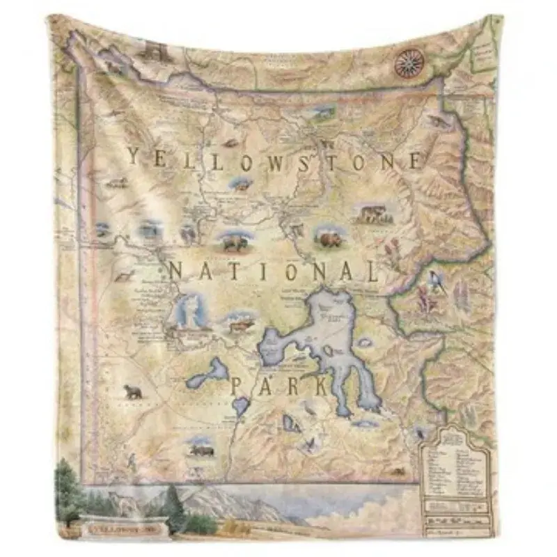 Yellowstone Park Antique Vintage Map Chart Throw Blanket Outdoors Nature Travel Souvenir Soft Warm Fleece Blanket Bed Couch Decor Inches