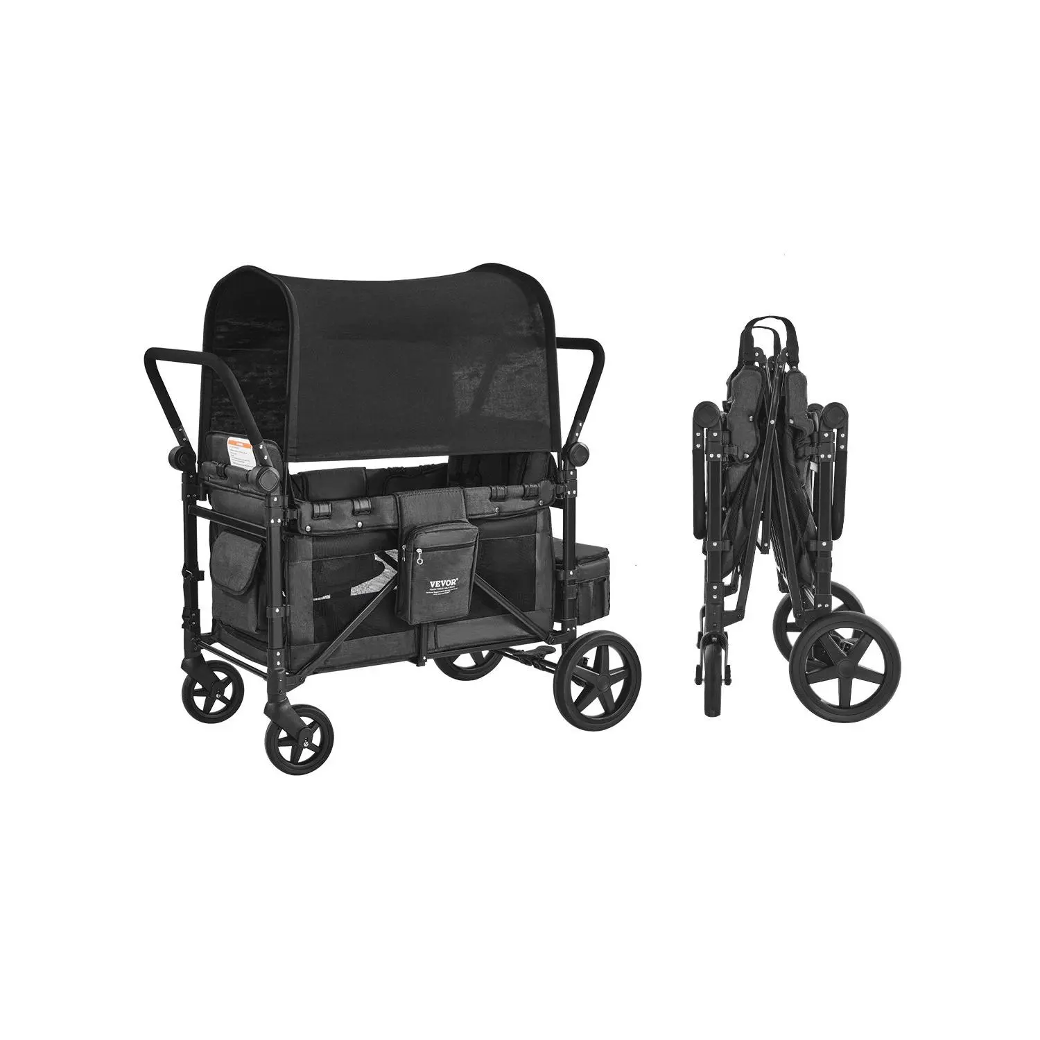 VEVOR Wagon Stroller for 4 Kids, Push Pull Quad Collapsible Stroller with Adjustable Handle, Safety Harness Removable Canopy, 4-Seater Stroller Wagon for Camping, Dark Gray Black (330LBS Loading)