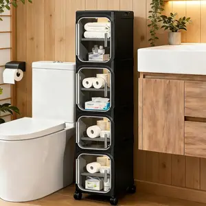 Black White Slim Storage Cabinet Transparent Visible Door Magnetic Design Foldable No Installation Swivel Wheels Small Space Saver Organizer
