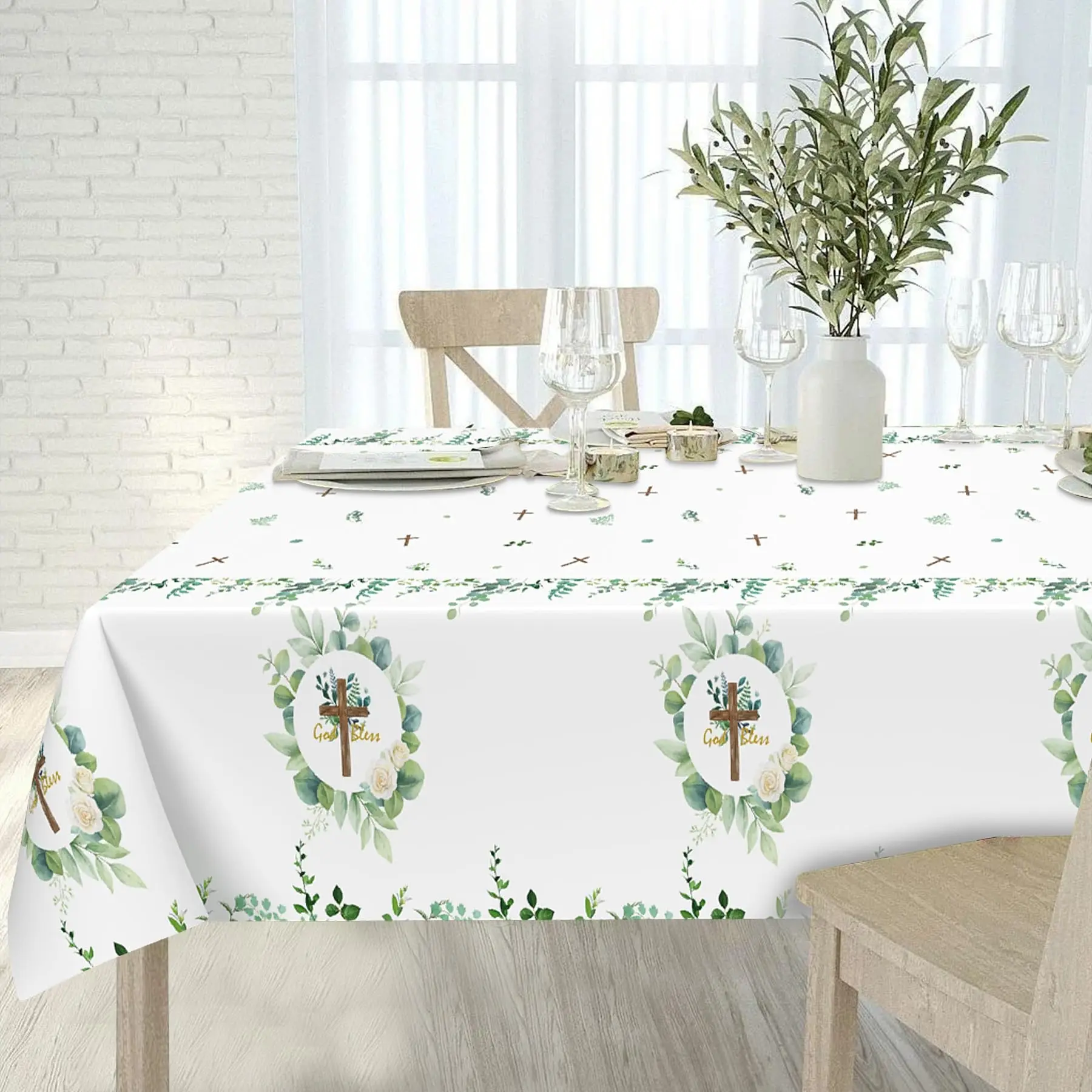 Blessing Baptism Tablecloth, Eucalyptus Cross Religious Tablecloth, Sage Tablecloth, Perfect for Parties and First Communion Decorations