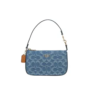 COACH Nolita 19 Denim Monogram Mahjong Bag for Women, Small Shoulder Bag in Navy Blue