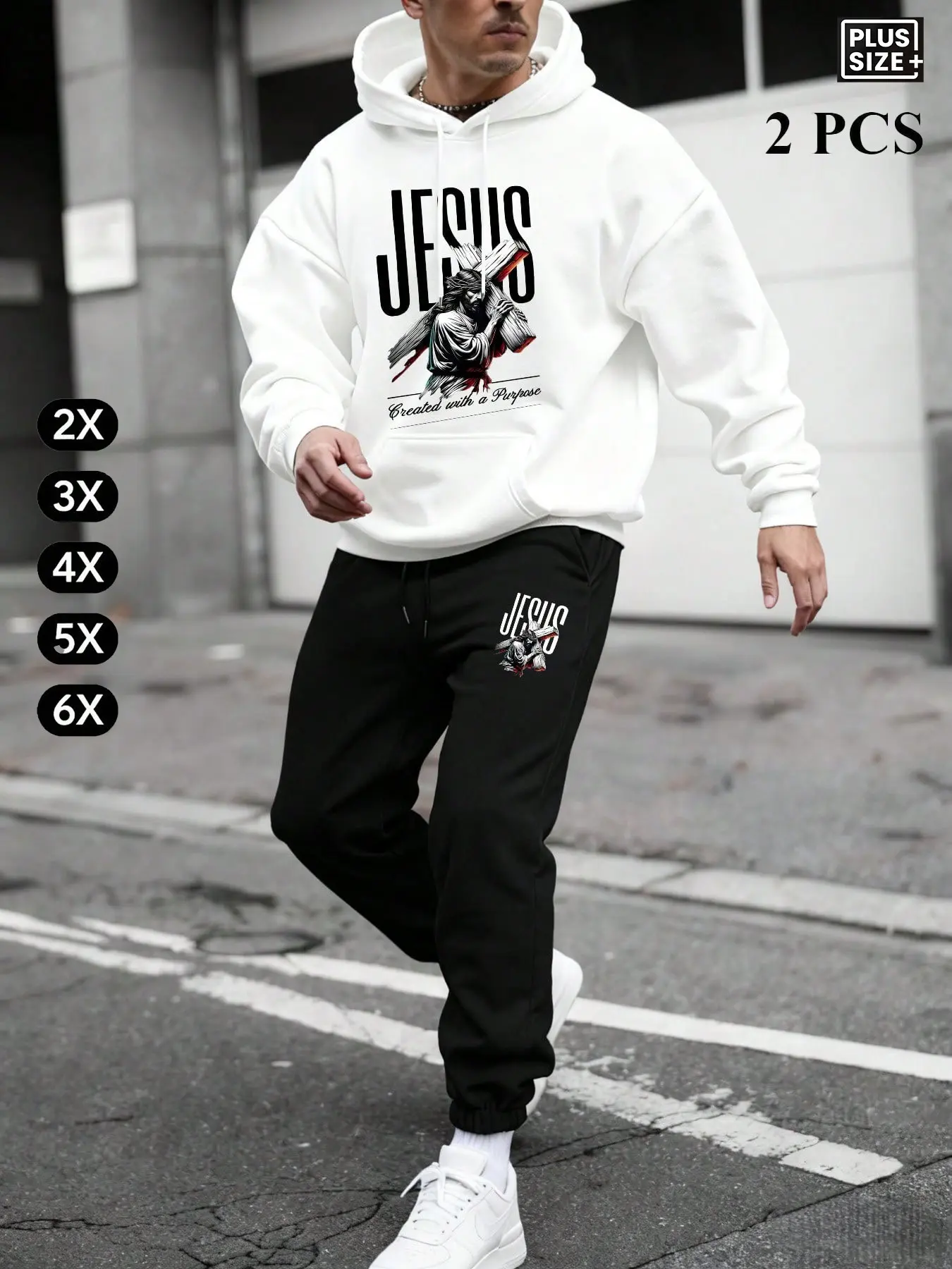 Autumn Winter Unisex Oversized Drawstring Hooded Sweatshirt & Pants Set, Casual Letter Print Street Style, Jesus Cross Faith Design