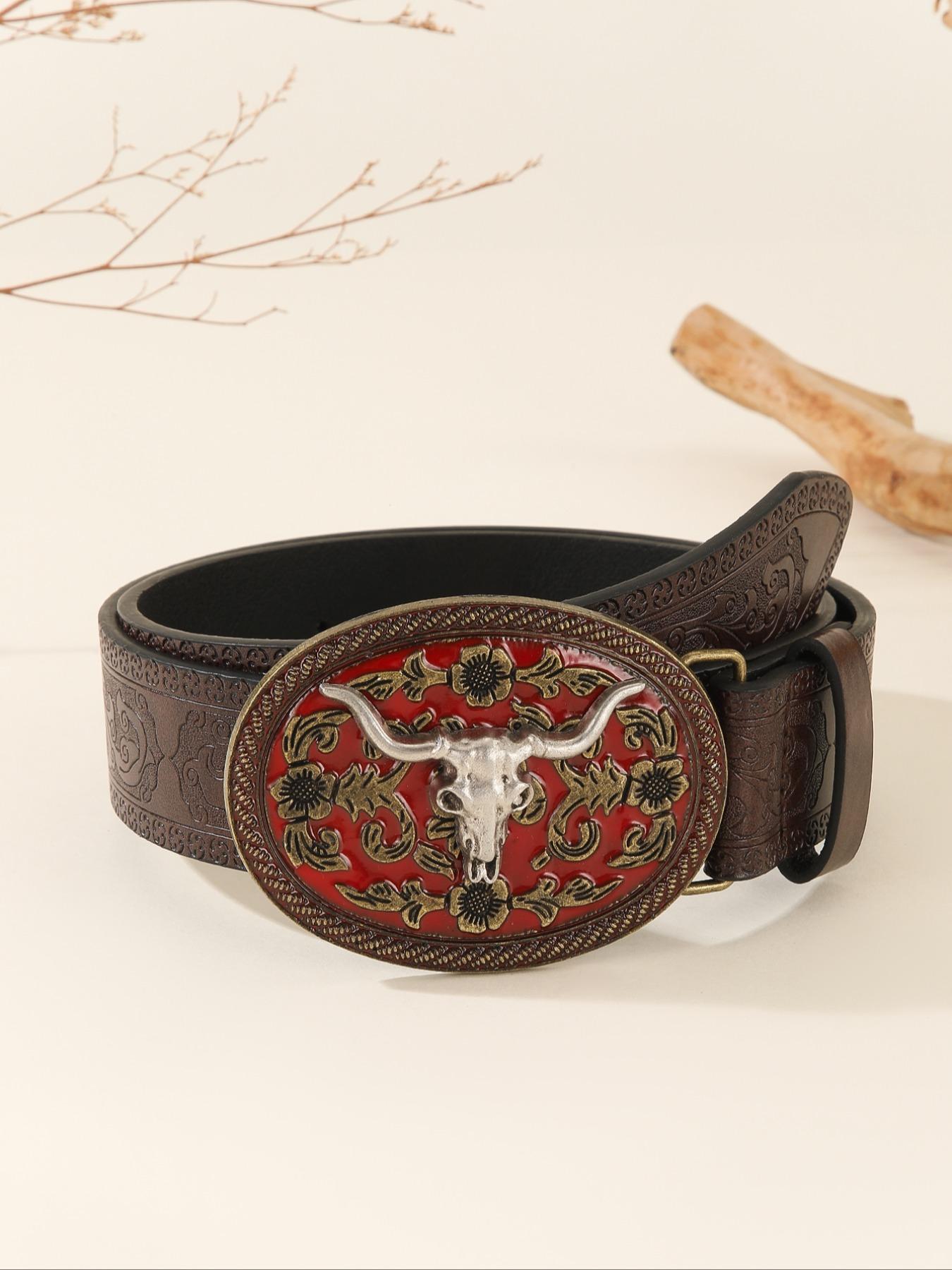 Vintage Flowers Embossed Western Belt with Cow Decor Buckle, Western Belt Buckles, Fashion All-match Cowboy Waistband for Jeans, Trendy Accessories for Daily Life