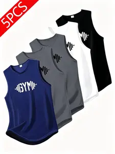 5-Pack Men's GYM Print  Sleeveless Tank Tops, Quick Dry Athletic Workout Shirts, Breathable Gym Tops for Men, Sleeveless Workout Vest, Activewear Tank Top
