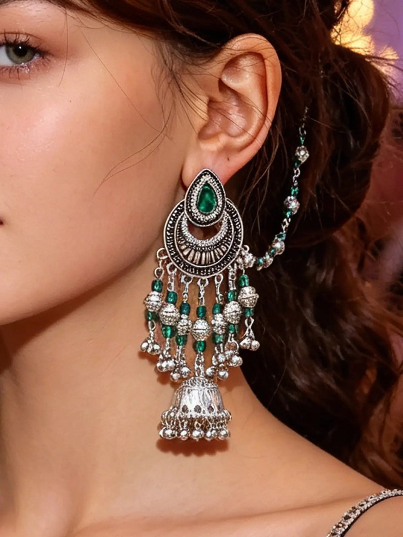 Vintage Silver Indian Jhumka Earrings with Hair Chain for Women, Green Stone Crescent Drop Bell Tassel Earrings, Boho Gypsy Bollywood Tribal Festival Fashion Jewelry Pack